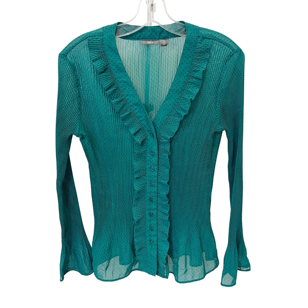 Apt.‎ 9 Teal Polka Dot Plisse Ruffle Button Front Bell Sleeve Blouse Y2K MEDIUM